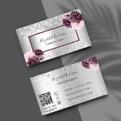 Silver burgundy florals elegant QR-code Visitekaartje