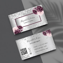 Silver burgundy florals elegant QR-code Visitekaartje