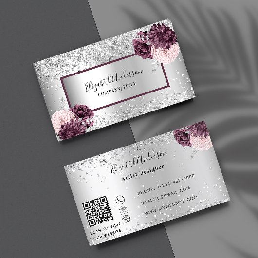 Silver burgundy florals elegant QR-code Visitekaartje