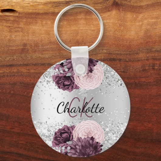Silver burgundy florals elegant sleutelhanger (Voorkant)