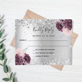 Silver burgundy florals glitter bruiloft RSVP-kaar