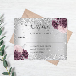 Silver burgundy florals glitter bruiloft RSVP-kaar