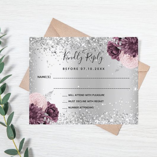 Silver burgundy florals glitter bruiloft RSVP-kaar