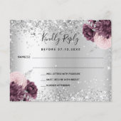 Silver burgundy florals glitter bruiloft RSVP-kaar (Voorkant)
