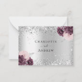 Silver burgundy florals glitter bruiloft RSVP Notitiekaartje (Achterkant)