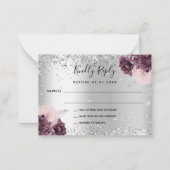 Silver burgundy florals glitter bruiloft RSVP Notitiekaartje (Voorkant)