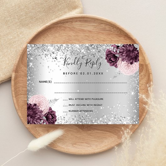 Silver burgundy florals glitter bruiloft RSVP Notitiekaartje