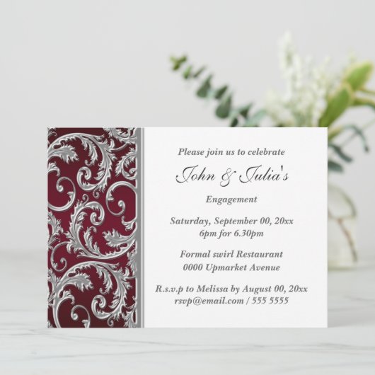 Silver Burgundy maroon floral swirl verloving Kaart (Staand voorkant)