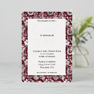 Silver Burgundy Red Floral Vrijgezellenfeest Folie Uitnodiging