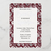 Silver Burgundy Red Floral Vrijgezellenfeest Folie Uitnodiging (Voorkant)