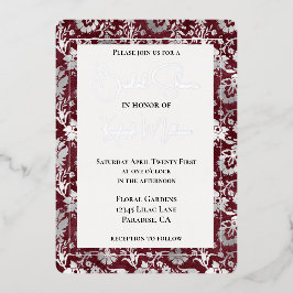 Silver Burgundy Red Floral Vrijgezellenfeest Folie Uitnodiging