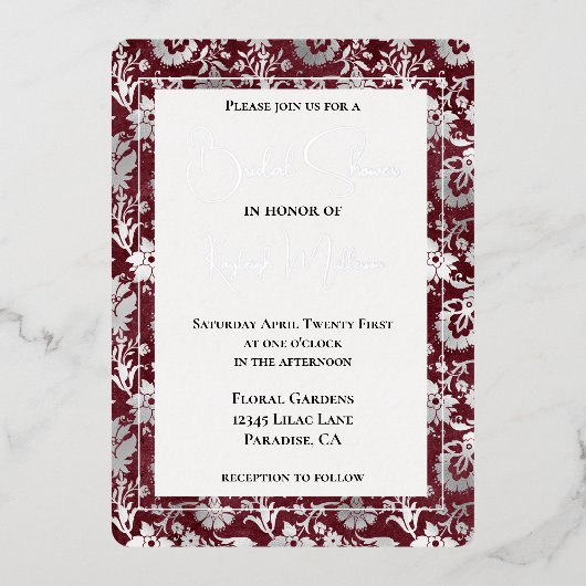 Silver Burgundy Red Floral Vrijgezellenfeest Folie Uitnodiging (Voorkant)