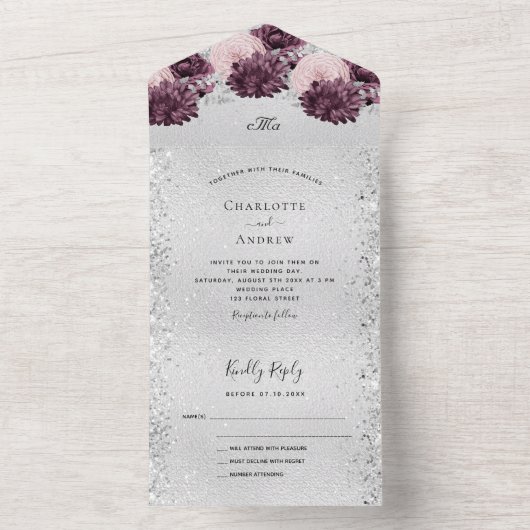 Silver burgundy roze bloemen bruiloft RSVP All In One Uitnodiging (Binnen)