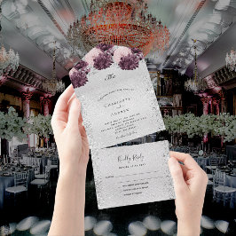 Silver burgundy roze bloemen bruiloft RSVP All In One Uitnodiging