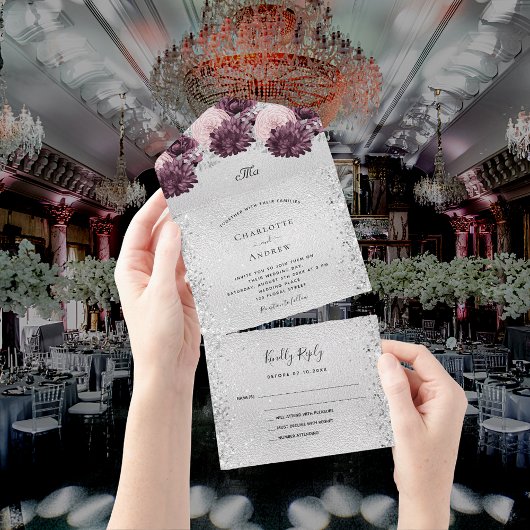 Silver burgundy roze bloemen bruiloft RSVP All In One Uitnodiging