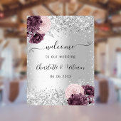 Silver burgundy roze bloemen welkom bruiloft poster