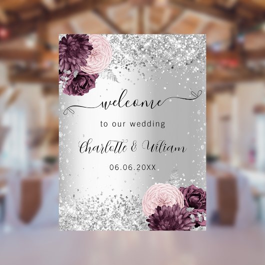 Silver burgundy roze bloemen welkom bruiloft poster