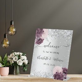 Silver burgundy roze bloemen welkom bruiloft reclamebord met voetstuk