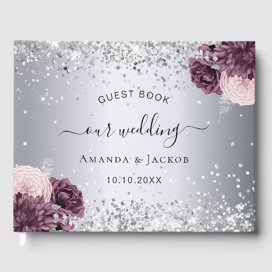Silver burgundy roze bruiloft gastenboek (Voorkant)
