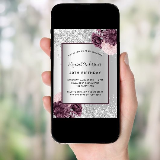 Silver burgundy roze floral elegant kaart