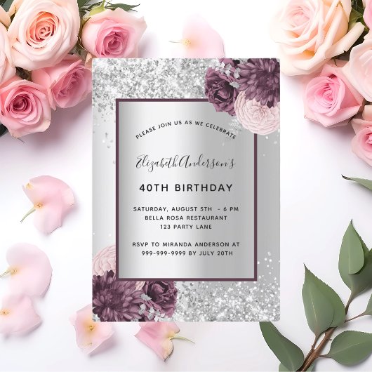 Silver burgundy roze floral elegant kaart