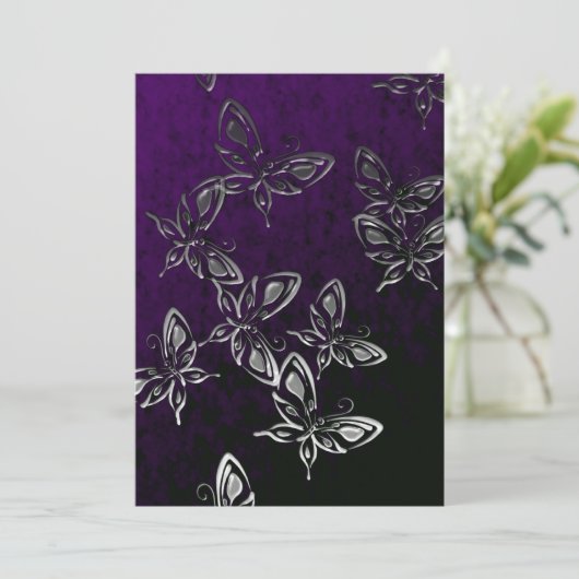 Silver Butterflies Gothic Invitation Kaart (Staand voorkant)