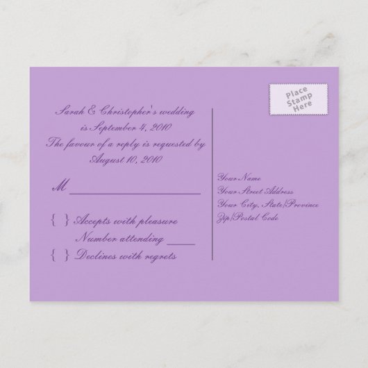 Silver Butterfly op Paarse R.S.V.P. Briefkaart (Achterkant)