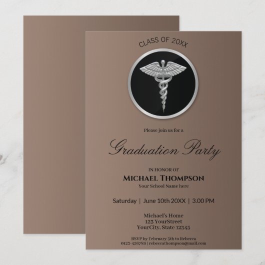 Silver Caduceus Medical Afstuderen Invitation Kaart (Voorkant / Achterkant)