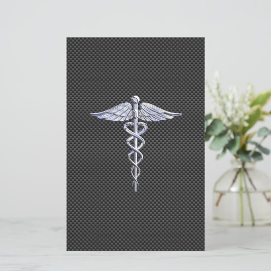 Silver Caduceus Medical Symbool Carbon Fiber Style Briefpapier (Staand voorkant)