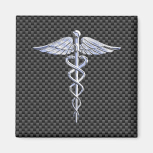 Silver Caduceus Medical Symbool Carbon Fiber Style Magneet