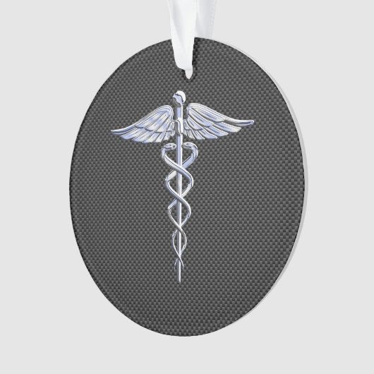 Silver Caduceus Medical Symbool Carbon Fiber Style Ornament (voorkant)