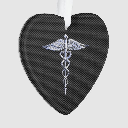 Silver Caduceus Medical Symbool Carbon Fiber Style Ornament (voorkant)