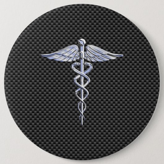 Silver Caduceus Medical Symbool Carbon Fiber Style Ronde Button 6,0 Cm (Voorkant)