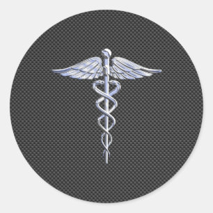 Silver Caduceus Medical Symbool Carbon Fiber Style Ronde Sticker