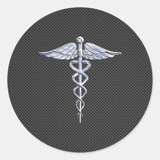 Silver Caduceus Medical Symbool Carbon Fiber Style Ronde Sticker (Voorkant)
