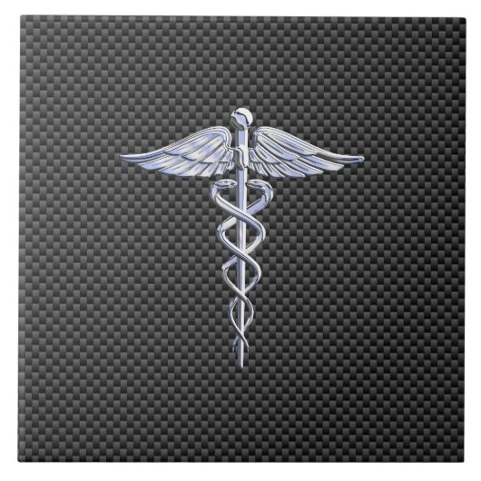 Silver Caduceus Medical Symbool Carbon Fiber Style Tegeltje (Voorkant)
