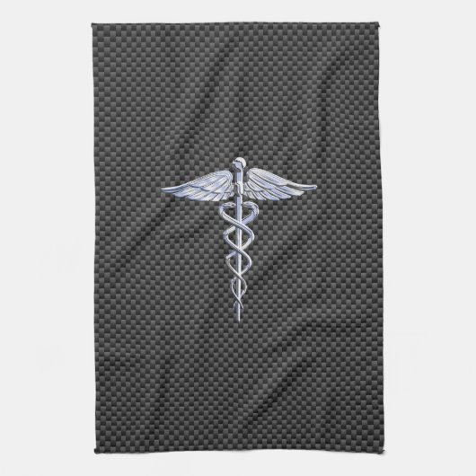 Silver Caduceus Medical Symbool Carbon Fiber Style Theedoek (Verticaal)