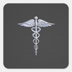 Silver Caduceus Medical Symbool Carbon Fiber Style Vierkante Sticker
