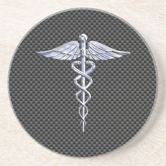 Silver Caduceus Medical Symbool Carbon Fiber Style Zandsteen Onderzetter (Voorkant)