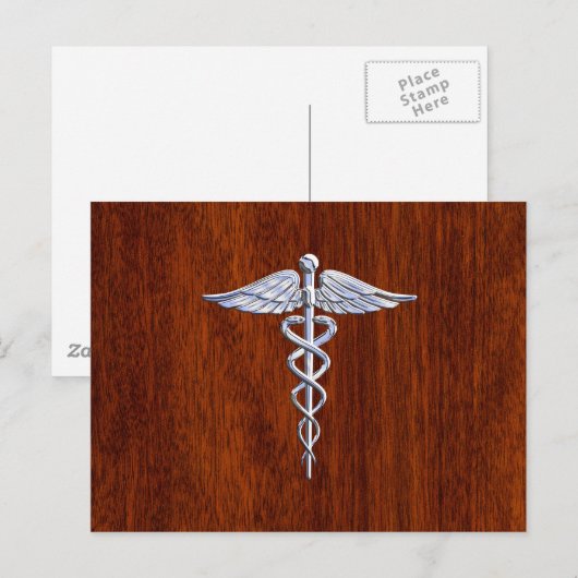 Silver Caduceus Medical Symbool Mahogany Decor Briefkaart (Voorkant / Achterkant)