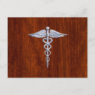 Silver Caduceus Medical Symbool Mahogany Decor Briefkaart