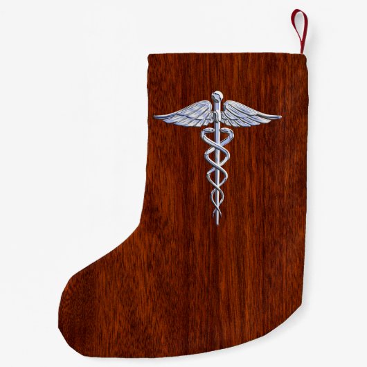Silver Caduceus Medical Symbool Mahogany Decor Kleine Kerstsok (Achterkant)