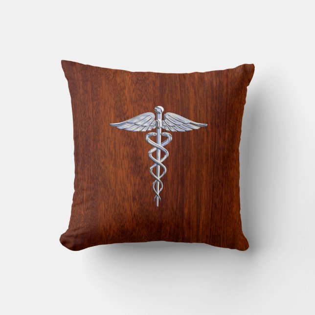 Silver Caduceus Medical Symbool Mahogany Decor Kussen (Voorkant)