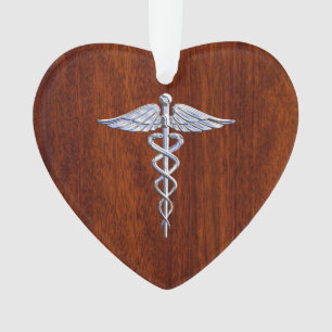 Silver Caduceus Medical Symbool Mahogany Decor Ornament