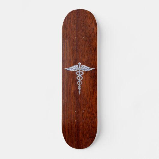 Silver Caduceus Medical Symbool Mahogany Decor Skateboard (Voorkant)