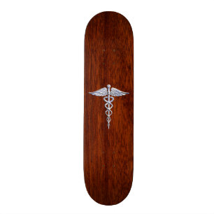 Silver Caduceus Medical Symbool Mahogany Decor Skateboard