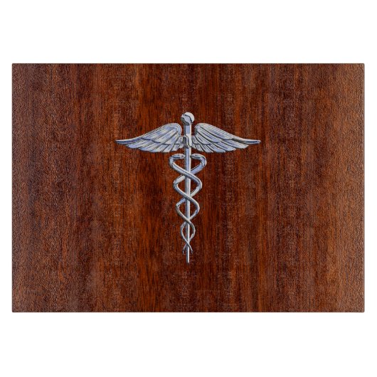 Silver Caduceus Medical Symbool Mahogany Decor Snijplank (Voorkant)