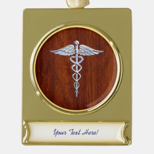 Silver Caduceus Medical Symbool Mahogany Decor Verguld Banner Ornament (Voorkant)