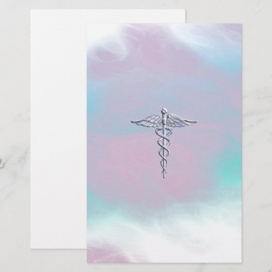 Silver Caduceus Medical Symbool Moeder Pareldecor Briefpapier (Voorkant / Achterkant)