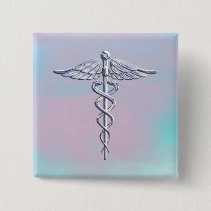 Silver Caduceus Medical Symbool Moeder Pareldecor Vierkante Button 5,1 Cm